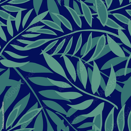 Seamless vector background with different fern green leaves on blue background. Vector illustration