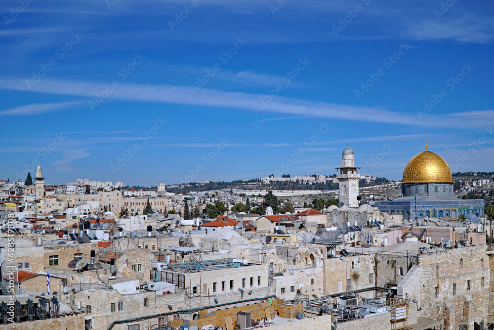 Jerusalem, rooftop view of skyline of old city near the Temple Mount and Dome of the Rock