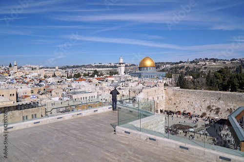 Jerusalem, rooftop view of skyline of old city near the Temple Mount and Dome of the Rock