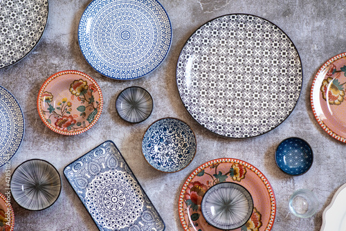 Beautiful traditional Moorish porcelain ceramic plates. illustrated middle eastern design. Marrakech Morocco. High quality photo 