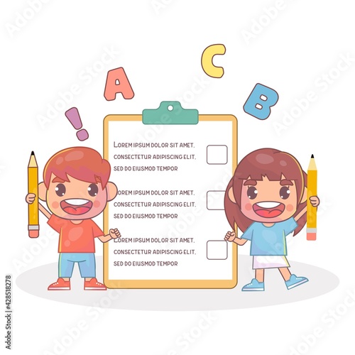 Happy cute kid boy and girl show check list board Premium Vector
