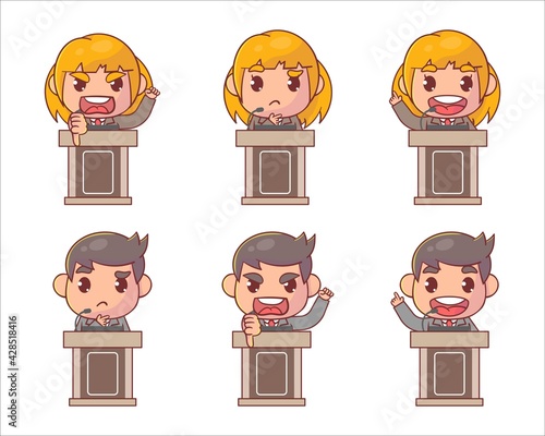 Set of cute kid boy and girl speech on podium Premium Vector
