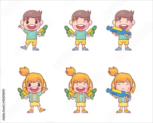 Set of boy and girl playing with water gun Premium Vector
