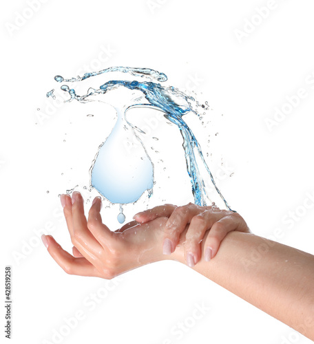 Female hands with water splashes on white background