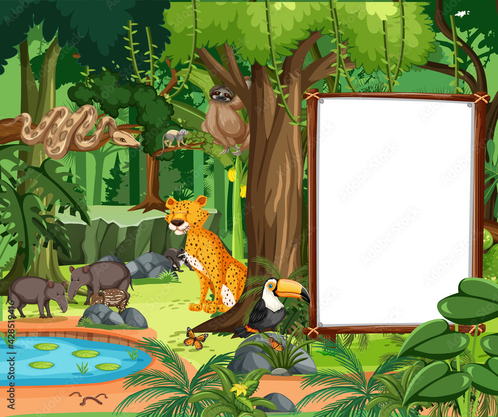 Obraz premium Forest scene with empty banner and many wild animals