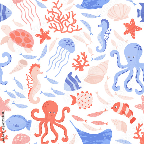 Seamless pattern with cute sea and ocean animals, corals and shells. Repeat design with sea creatures - octopus, seahorse, jellyfish, turtle and manta ray. Vector cartoon illustration