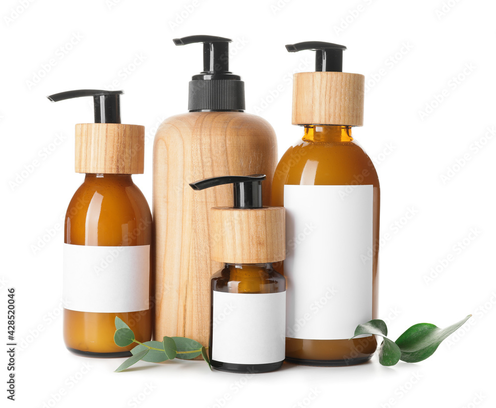 Bottles with natural shampoo on white background Bottles with natural shampoo on white background