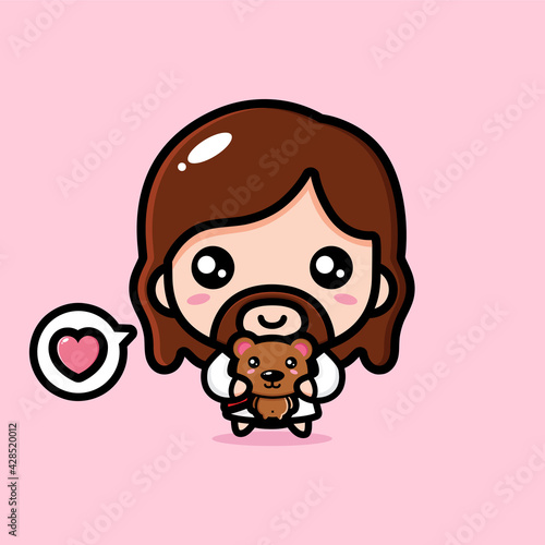 cute cartoon jesus vector design holding a teddy bear