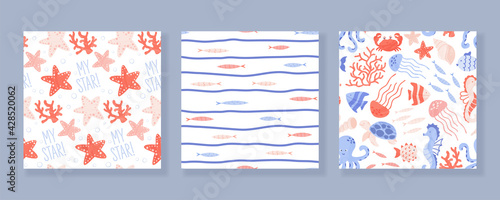 Set of seamless patterns with sea and ocean animals, corals and shells. Vector cartoon illustration