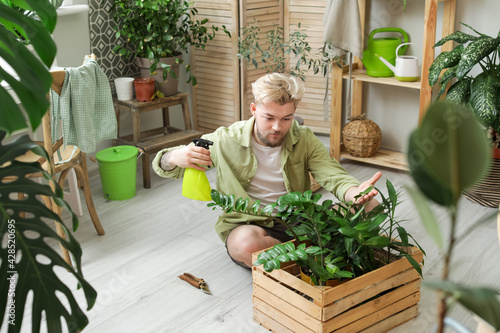 Young man taking care of pl...