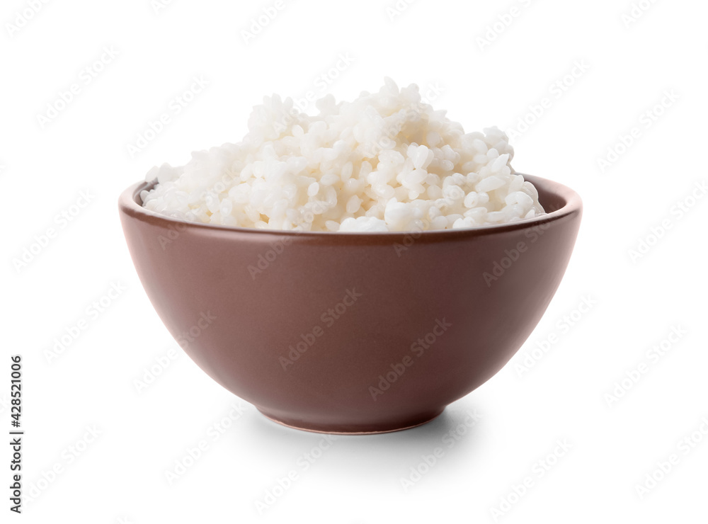 Bowl with tasty rice on white background Bowl with tasty rice on white background