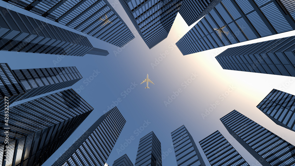 Air transportation concept. Perspective view to steel light blue of glass high rise building skyscraper city of future and airplane. Business and travel concept. 3d rendering. 3d illustration