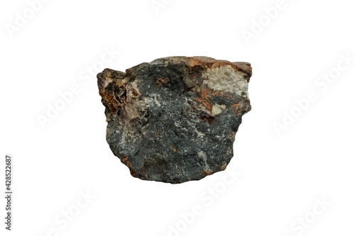 A piece of raw wolframite isolated on white background. iron manganese tungstate mineral that is the intermediate between ferberite and hübnerite.
