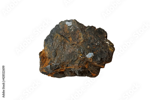 isolated raw Wolframite stone, iron manganese tungstate mineral on white background. 