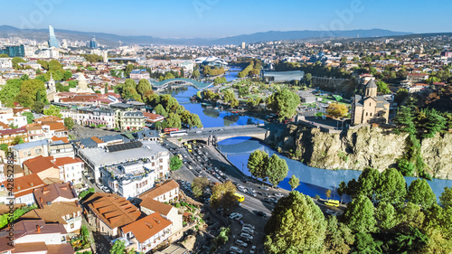Tbilisi skyline aerial drone view from above, Kura river and old town of Tbilisi cityscape, Georgia
 photo