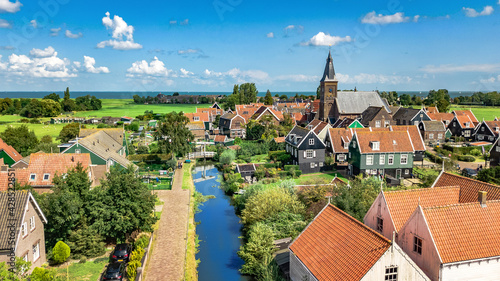 Aerial drone view of Marken island, traditional fisherman village from above, typical Dutch landscape, North Holland, Netherlands
 photo