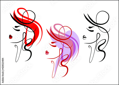 abstract vector handmade fashion digital sketch illustration set with portrait beautiful young girl for design beauty logo 