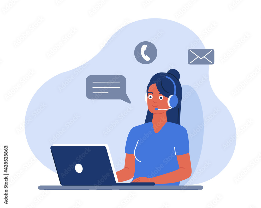 Online consultant, operator. The woman works on a laptop, communicates with customers through a headset and responds to messages. Working from home, training. Vector image in a flat style Online consultant, operator. The woman works on a laptop, communicates with customers through a headset and responds to messages. Working from home, training. Vector image in a flat style