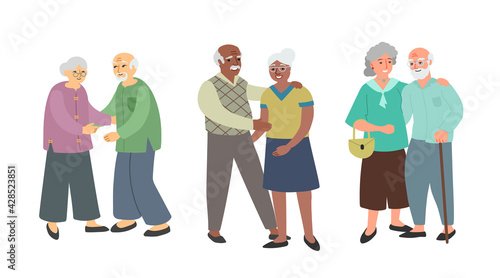 Elderly people couples. Different ethnic and nationality. Asian  African American and European men and women. Vector illustrations isolated on white background.