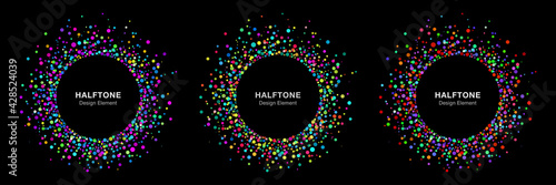 Party circle confetti dots frame set. Colorful bright modern dots round. Halftone logo design element on black Background. Vector illustration.