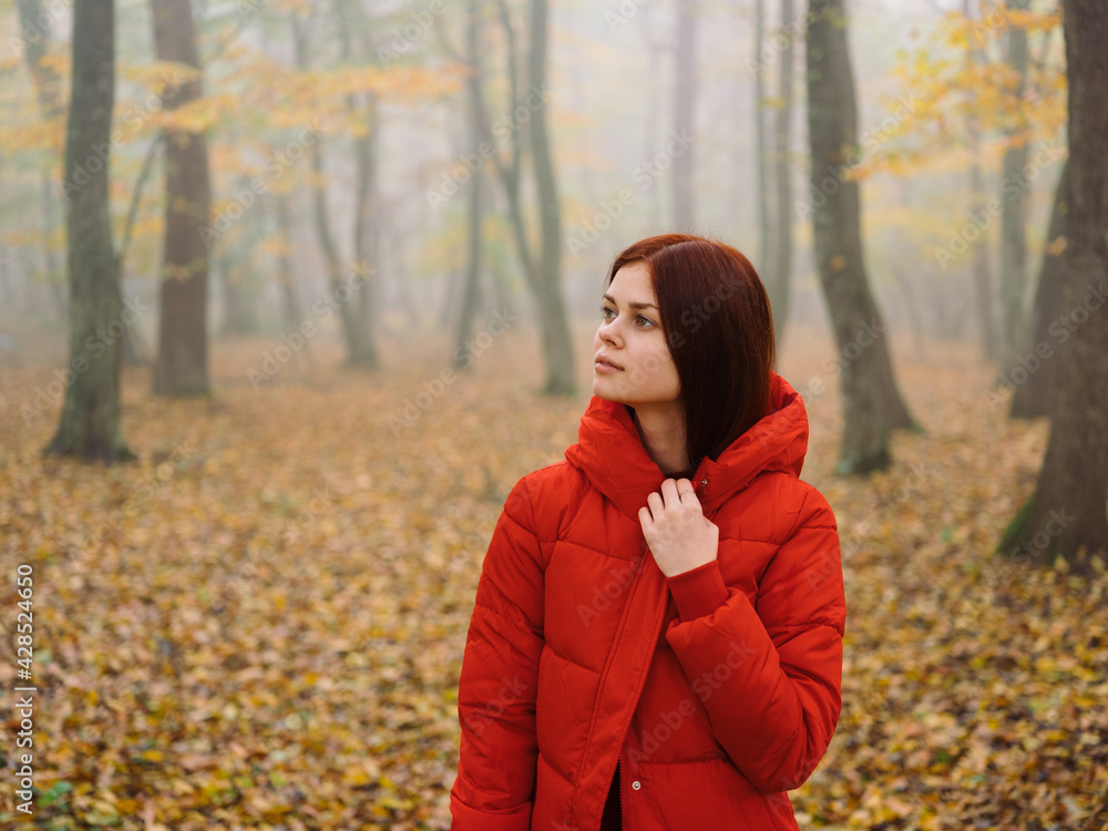 Woman red jacket in the forest in autumn Yellow leaves walk outdoors Woman red jacket in the forest in autumn Yellow leaves walk outdoors