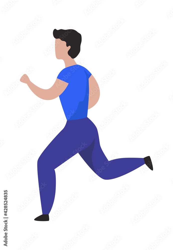Running man. Cartoon character jogging. Sport activity. Isolated male doing exercises. Muscular sportsman training outdoor or in gym. Healthy lifestyle. Vector workout illustration
