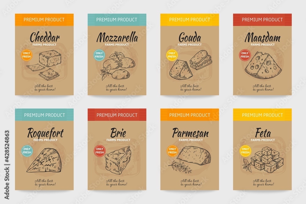 Cheese posters. Gourmet food vintage sketch. Organic cheesy snacks menu ...