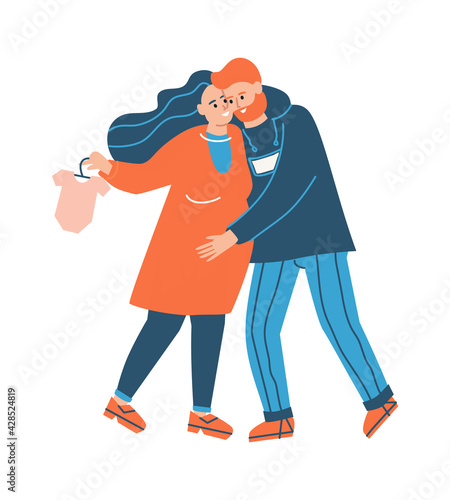 Happy couple expecting child. Future father and mother hugging. Cute parents buy kids garments. Man and pregnant woman choose clothes for newborn toddler. Vector pregnancy activities