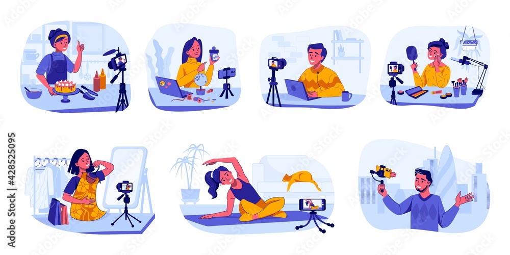 Fototapeta premium Bloggers and vloggers. Influencers making content for cooking and travel, beauty or fashion video channels. People recording sport training instructions. Vector livestream mukbang blog