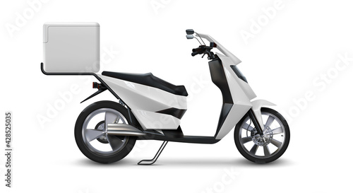 Scooter for delivering. Realistic motorbike. Side view of 3D vehicle with square box for shipping restaurant orders. Fast courier's moped. Corporate identity template. Vector motorcycle