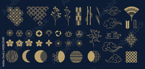 Asian clipart. Golden decorative Japanese collection of plant elements. Traditional oriental signs. Repeated ornaments set. Flowers and bamboo branches. Vector crescent or cloud shapes © SpicyTruffel