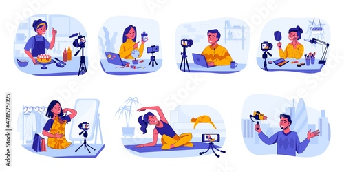 Bloggers and vloggers. Influencers making content for cooking and travel, beauty or fashion video channels. People recording sport training instructions. Vector livestream mukbang blog