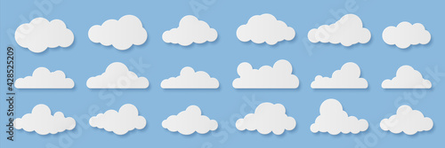 Clouds. Cartoon rainy sky. Paper cut decorative cloudy forms. Fluffy shapes on blue background. Origami templates set. Weather forecast mockup or computing signs. Vector heaven elements