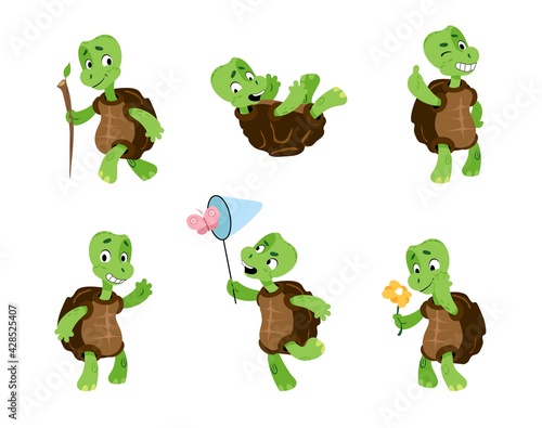 Turtle. Cartoon tortoise mascot. Green comic reptiles with carapaces. Animals activities or emotions. Funny character walking and catching butterfly. Vector marine terrapins gestures set photo