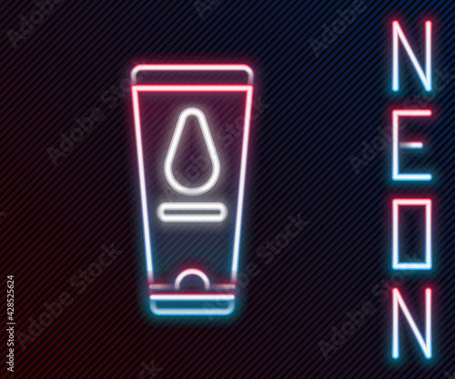 Glowing neon line Personal lubricant icon isolated on black background. Lubricating gel. Cream for erotic sex games. Tube with package box. Colorful outline concept. Vector Illustration