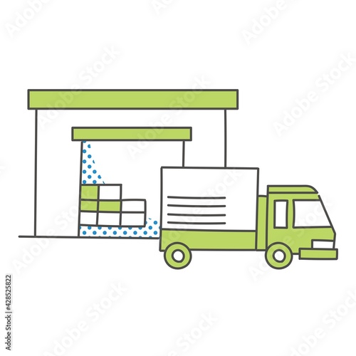 倉庫前にトラックが停車するイメージイラスト