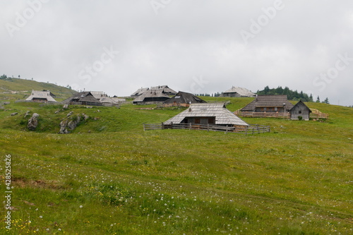 Old village of Velika Planina, slovenia. Traditional cattle town in high mountain meadows of Julian Alps