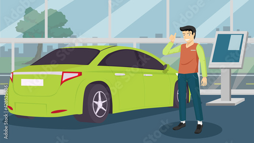 Fototapeta Naklejka Na Ścianę i Meble -  Buyer man shows hands happy for buy new car. Luxury green cars. With Park facing the showroom glass.  Road and city out of showroom for background.