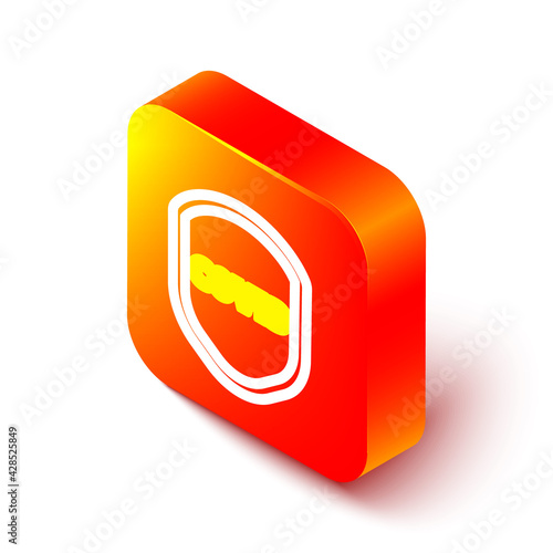 Isometric line Shield protecting from virus, germs and bacteria icon isolated on white background. Immune system concept. Corona virus covid-19. Orange square button. Vector Illustration