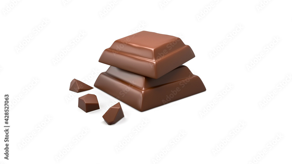 3d illustration of yummy chocolate pieces and bar on white background