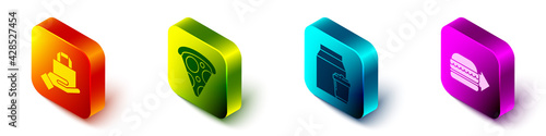 Set Isometric Online ordering and delivery, Slice of pizza, Online ordering and delivery and Online ordering burger delivery icon. Vector