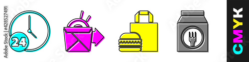 Set Clock 24 hours, Online ordering noodles delivery, Online ordering burger delivery and Online ordering and delivery icon. Vector