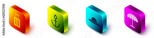 Set Isometric Suitcase, Anchor, Elegant women hat and Sun protective umbrella for beach icon. Vector