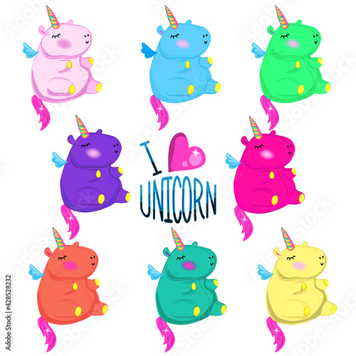 Color rainbow unicorn stickers pack. Fat funny unicorn toy of different colors