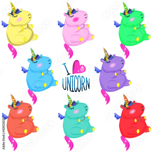 Set of colored rainbow unicorn stickers with flower wreath. Fat funny unicorn toy in different colors