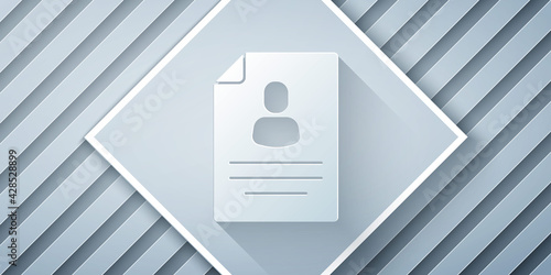 Paper cut Resume icon isolated on grey background. CV application. Searching professional staff. Analyzing personnel resume. Paper art style. Vector