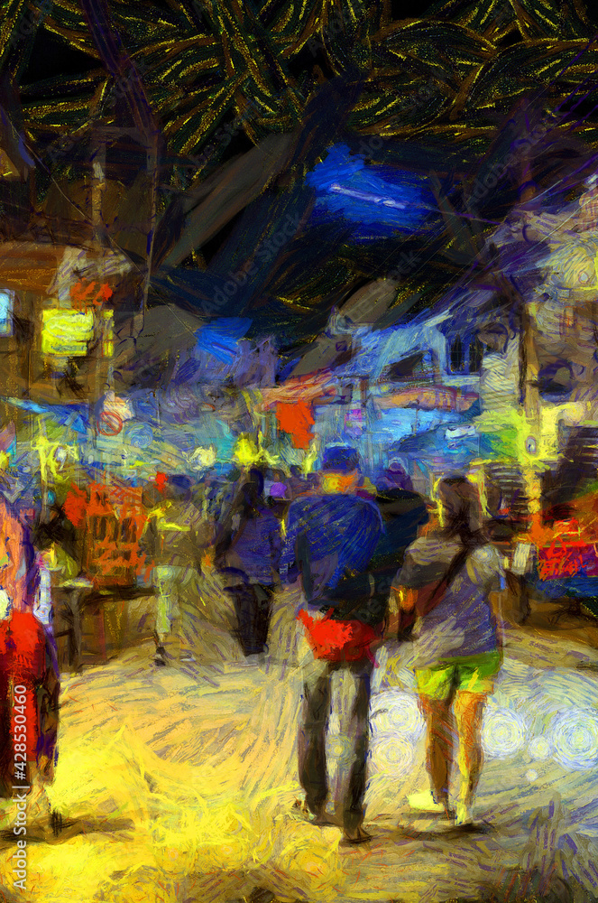 Fototapeta premium Landscape of the market at night, community market along the Mekong River Illustrations creates an impressionist style of painting.