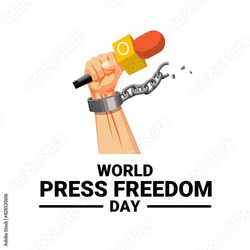 Vector illustration of a hand holding a microphone with broken chain, as a banner, poster or template for world press freedom day.