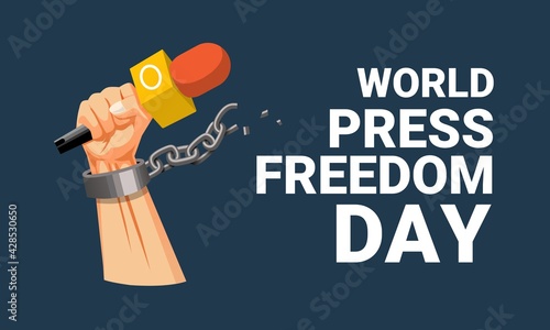 Vector illustration of a hand holding a microphone with broken chain, as a banner, poster or template for world press freedom day.