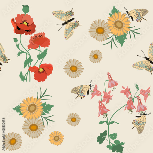 Fototapet Seamless vector illustration with poppy, aquilegia and butterflies on a beige background